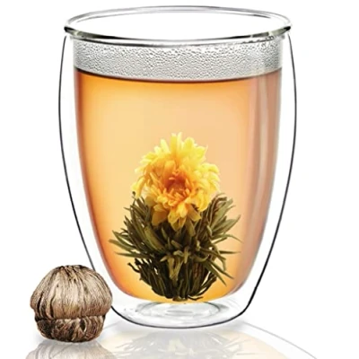 Imagen de Creano Vidrio Térmico XXL Alto de doble Pared, Vaso Extra Grande Café/Té Resistente al Calor Un Gran Regalo 400ml incl. Flor Té