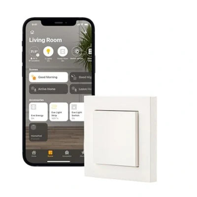 Imagen de Eve Light Switch interruptor de pared inteligente (Apple HomeKit), individual, pulsador y conmutadores, horarios automáticos, no requiere pasarela, Bluetooth/Thread