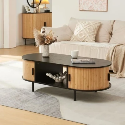 Imagen de [en.casa] Mesa de Centro Tvedestrand con Puertas Correderas Semicirculares Mesita Salón Compartimentos Cerrados y Abiertos Tablero Ovalada Bambú Metal 120x55x40 cm Negro/Efecto Madera