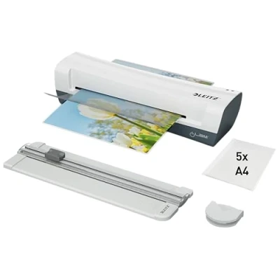 Imagen de Leitz 74340001 Plastificadora iLAM Home 4 en 1 A4, Cizalla y Recortadora de Esquinas, Máquina Térmica con 5 Fundas Plastificadoras, 80 125 Micras, para Oficina, Casa Colegio
