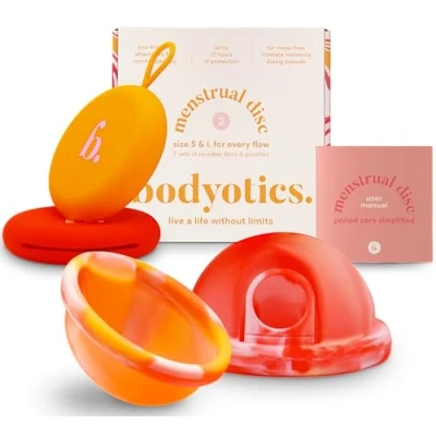 Imagen de Bodyotics Discos Menstruales Reutilizables Más Suaves que las Copa Menstrual Paquete de 2 Tallas S y L Set con 12 horas uso (Rojo Naranja)