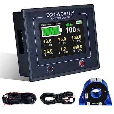 Imagen de ECO WORTHY monitor de batería 200 A, 12 V/24 V/36 V/48 V, pantalla táctil 3,5 pulgadas, con alarma, 10 100 V Li ion/LiFePO4/Gel Batetester para autocaravanas, sistemas