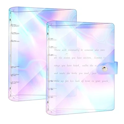Imagen de 2 Piezas Carpeta A5 de 6 Anillas Redondas Cubierta PVC Suave, Impermeable Recargable Hojas Sueltas para Personal Oficina y Escuela, Arcoíris Transparente, 24 * 17cm