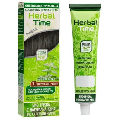 Imagen de Herbal Time Henna Natural Colorante en Crema para el Pelo Cubre Canas Tinte Coloración Temporal Sin Amónico, Sulfatos y Parabenos Color Negro 7 75ml