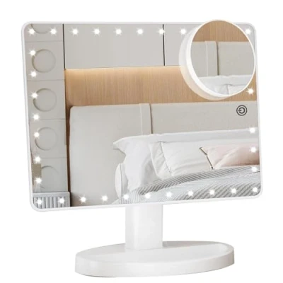 Imagen de Espejo Maquillaje Grande, Aumento de 1X/10X, Luz Ajustable con 35 LED, Pantalla Táctil Cosmético, Fuente Alimentación Doble, Portátil Tocador 360Rotación (Blanco)