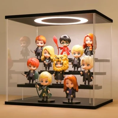 Imagen de Huijintao Vitrina de Acrílico, para Colección, Figuras, Vidrio Modelos, Coleccionables, con iluminación LED, 4 Niveles, Negro (30x22,5x28 cm)