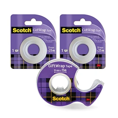 Imagen de Scotch Cinta Adhesiva para Envolver Regalos 1 Rollo en dispensador de mano, 19 mm x 15 m + 2 Rollos recambio, 25 Satinada y Transparente Usar Papel Regalo
