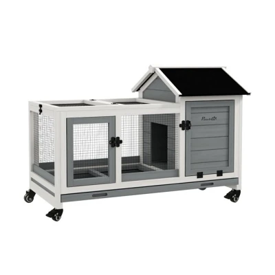 Imagen de PawHut Conejera de Madera con Ruedas Jaula para Conejos Techo Abatible y Bandeja Extraíble Interior Exterior 108x58x73,5 cm Gris