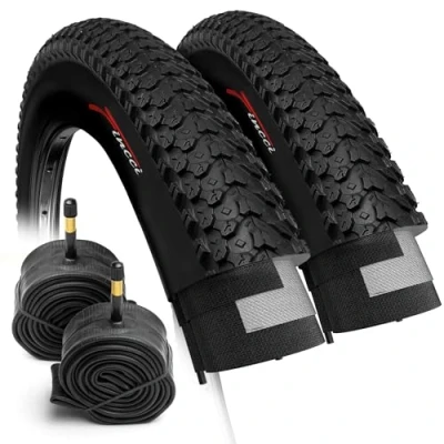 Imagen de Fincci Cubiertas MTB 26, Par Plegable Neumáticos Bicicleta 26 x 2.1 Pulgadas 60 TPI Camara Schrader 2X, Gomas 57 559 para Carretera Bici, Ebike Pack de 2 componentes Ciclismo
