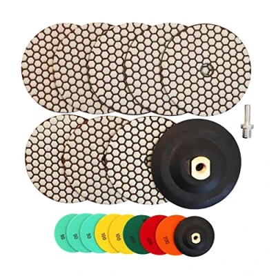 Imagen de HIGHDRIL Almohadillas Pulido Diamante Seco 8pcs(#50x3/#100x2/#200/#400/#800) con M14 Soporte Goma + Adaptador Lijado 125MM para Granito Piedra Mármol Amoladora Pulir Kit