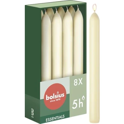 Imagen de Bolsius Velas lisas marfil 8 unidades en caja 17 cm duración de combustión 5 horas sin perfume cera vegetal natural goteo aceite palma