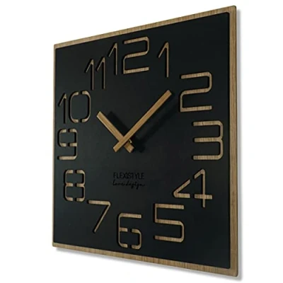 Imagen de FLEXISTYLE Reloj de Pared Grande con Aspecto Madera Digits Eco, Cuadrado, Silencio, salón, Dormitorio, (Negro, 40 cm)