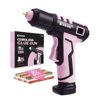 Imagen de EZARC Pistola de pegamento caliente inalámbrica, calentamiento rápido en 15 segundos, 30 minibarras pegamento, seguro encendido y apagado, batería iones litio 2500 mAh integrada
