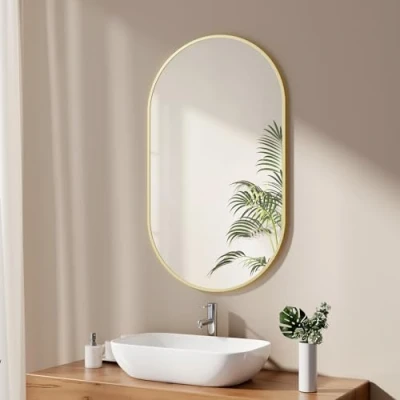 Imagen de EMKE Espejo de baño (60 x 100 cm, Pared con Marco Oro Cepillado, Ovalado, Horizontal y Vertical, para Cuarto baño, Pasillo, Sala Estar, Dormitorio, WC