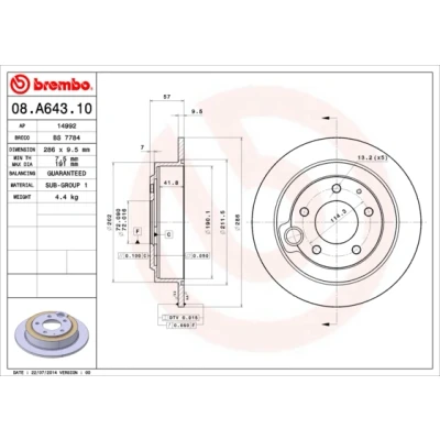 Imagen de BREMBO 08.A643.10 Disco de freno 286 9,5 5 macizo