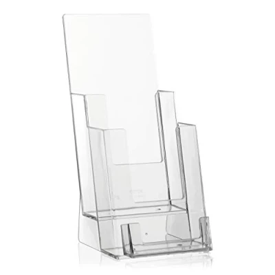 Imagen de soporte para folletos en formato DIN Long Flyer con 2 estantes y tarjetas de visita