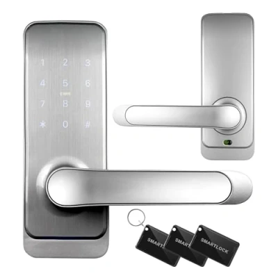 Imagen de EURA ELH 51H4 Cerradura de puerta inteligente con manija código 13.56MHz Lector proximidad IP65 Espaciado cerrojo universal Plata