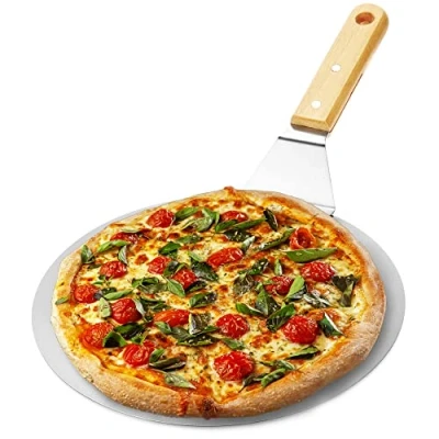 Imagen de COM FOUR® Servidor de pizza con mango madera Empujador redondo para pizza, tarta flambeada y pan acero inoxidable (marrón/plateado redondo)