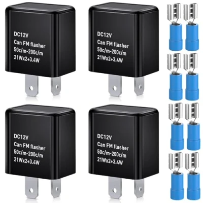 Imagen de Gebildet 4pcs 12V 2Pin Relé Intermitente Ajustable para Señales de Giro LED, Interruptor Intermitente, el Indicador Señal Luz (Negro)+8pcs Terminales Conexión(Azul)