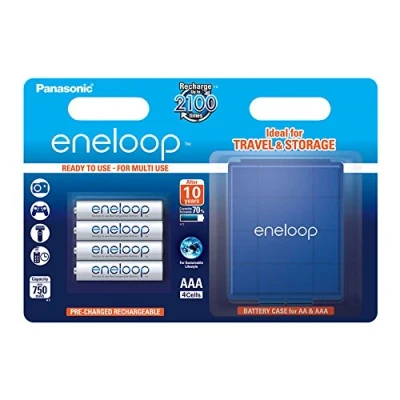 Imagen de Panasonic eneloop, pilas de Ni MH listas para usar, AAA Micro, pack 4 uds. incl. caja azul , mín. 750 mAh, 2100 ciclos carga, potentes y con baja autodescarga, recargables