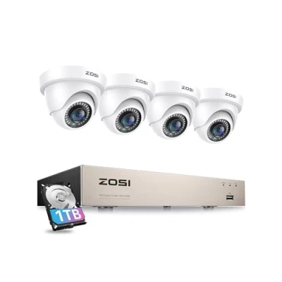 Imagen de ZOSI 5MP Lite Kit de Cámara Seguridad 8CH H.265+ Videograbador DVR con (4) 1080P Vigilancia Exterior, 1TB Disco Duro, 20m Visión Nocturna, Alarma Email, P2P