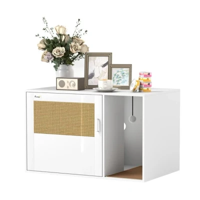 Imagen de PawHut Mueble Arenero para Gatos Caja de Arena con Almohadilla Rascar y Puerta Ratán Salón Dormitorio 80x50x50 cm Blanco