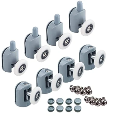 Imagen de Juego de 8 rodillos para puerta ducha, ruedas y poleas, guías 25 mm diámetro, piezas repuesto (4 superiores 4 inferiores)