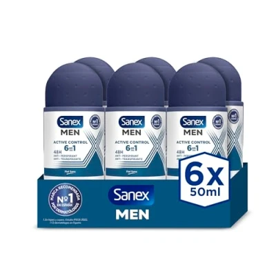Imagen de Sanex Men Active Control Desodorante Roll On para Hombre, Pack 6 Uds x 50 ml, Protección 48H, Antitranspirante, Anti Irritación, 0% Alcohol, Combate el Mal Olor, Larga Duración