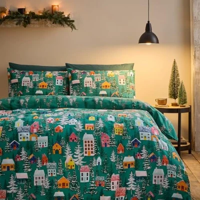 Imagen de Catherine Lansfield Christmas Festive Forest Juego de Funda edredón Reversible con Almohada, Color Verde