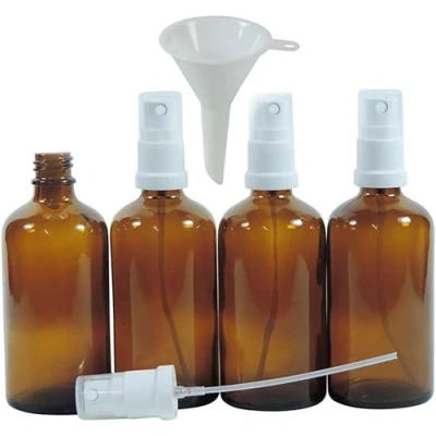 Imagen de Viva Haushaltswaren 4 x farmacia de pulverizador 100 ml color marrón cristal, botellas cristal pequeñas (con atomizador, efecto Fabricado en Alemania &amp; sin BPA (Incluye Embudo 5 cm diámetro)