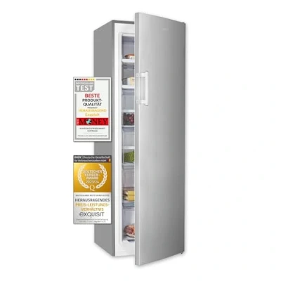 Imagen de Exquisit® congelador vertical capacidad de 204 L, con tecnología No Frost, 6 compartimentos, congelación rápida, diseño moderno y compacto, Altura 170 cm. Color inoxlook