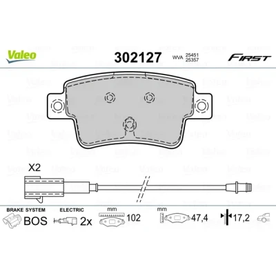 Imagen de VALEO 302127 Juego de pastillas freno FIRST Eje trasero con contacto avisador desgaste Chapa antichirridos FIAT: Punto III Hatchback