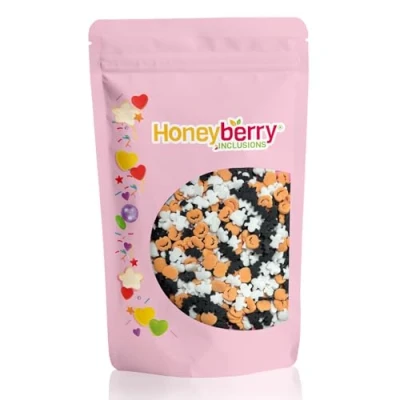 Imagen de HONEYBERRY INCLUSIONS Mezcla de chispas Halloween 200 g (calabazas, murciélagos y fantasmas) Decoración comestible primera calidad para hornear, decoraciones cupcakes pasteles