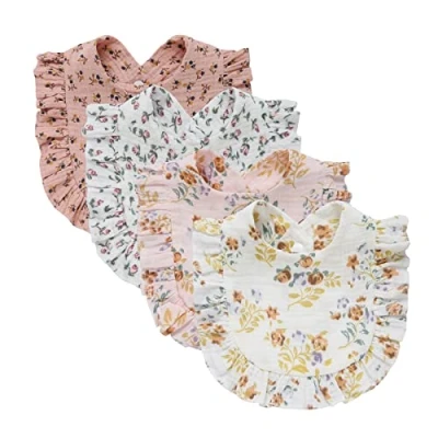 Imagen de Nishine Paquete de 4 baberos muselina sólida para bebé, Unisex niños y niñas, ajustables algodón la dentición alimentación (Flores)