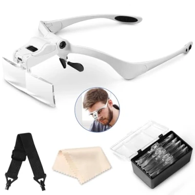 Imagen de Vinabo Lupa con Diadema Luz LED, de Cabeza 5 Lentes Desmontables (1.0X 1.5X 2.0X 2.5X 3.5X), para Todos los Trabajos Precisión, Lectura, Joyería, Bordado, Costura, Joyería