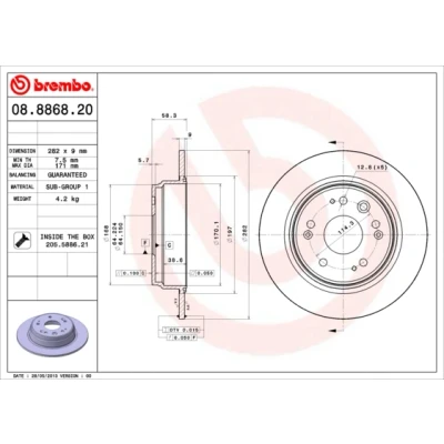Imagen de BREMBO 08.8868.20 Disco de freno 282 9 5 macizo con tornillos HONDA: CR V 2