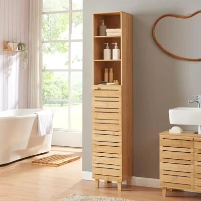 Imagen de [en.casa] Armario Alto de Baño Epind Mueble con 1 Puerta y 3 Compartimentos Auxiliar 180 x 33 30 cm Bambú Natural