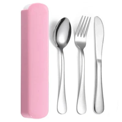 Imagen de JIEYUCHU Cubiertos Camping, 3PCS Camping de Acero Inoxidable, con cuchara, Tenedor y Cuchillo, Resistente a la Oxidación para llevar al Trabajo, Viaje, Acampadas (Rosa)