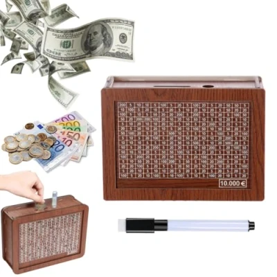 Imagen de MOHXFE Money Box with Counter,Cash Saving Challenge Target and Numbers,Money Countdown,Coin Counter Piggy Bank,Cash Vault Wooden Savings (EUR,10000)