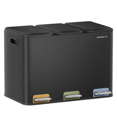 Imagen de SONGMICS HOME Papelera de Cocina Triple, Cubo Basura 3 x 15 L con Pedales Codificados por Colores, Sistema Separación Residuos, Tapas y Cubos Interiores, Acero, Negro Tinta