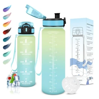 Imagen de Motswedi Botella Agua, 1L sin BPA, de Reutilizable, Cantimplora, con Marcador Tiempo, Agua Gimnasio, para Niños, Deporte, Running, Bicicleta, Blanquecino Azul Claro