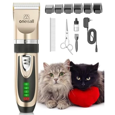 Imagen de oneisall maquina de Cortar Pelo para gatos silenciosa, con 6 Peines Guía Máquina Perro Gato Cortador Recargable (Oro)