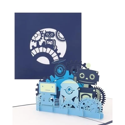 Imagen de tarjeta Pop Up &quot;Funny Robots&quot; de felicitación en 3D como cumpleaños, cupones invitación, regalo o para cumpleaños infantiles &amp; escolarización