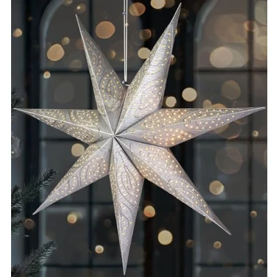 Imagen de BRUBAKER 60 cm Estrella de Navidad Papel para Colgar Adviento LED Decoración Navideña 3D con Función Temporizador Iluminable Batería Plateada