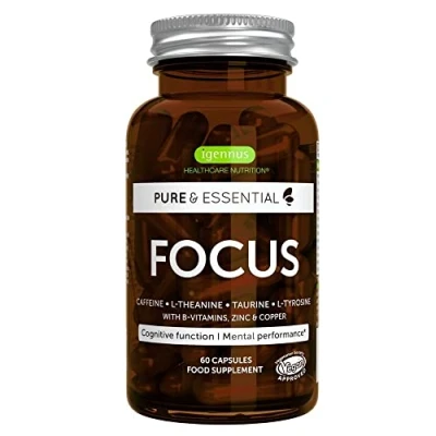 Imagen de Suplemento Nootrópico con Taurina, Cafeína, L Teanina, Tirosina, Vitaminas B, Zinc y Cobre, Acción Rápida para la Función Cognitiva Energía Mental, 60 Cápsulas Veganas, de Igennus
