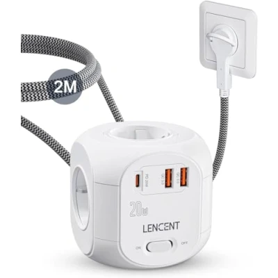 Imagen de LENCENT Cubo Regleta Enchufe 2M con Carga Rápida PD20W, USB Plano 4 Tomas de CA, 2 y 1 Tipo C para Hogar, Cocina Oficina