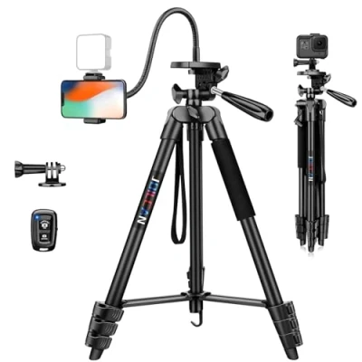 Imagen de JOILCAN 172cm Tripode para Movil con Cuello de Cisne, Extensible Trípode Cámara Portátil Aluminio, Control Remoto &amp; Soprtre Teléfono, Ligero iPhone/Android