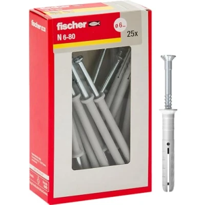 Imagen de Fischer 508275 Tacos alargados para batir N 6 x 80 Y, fijación de percusión con Clavo premontado Lleno, semilleno y hormigón, 25 Unidades por Paquete, Gris, 6X80 MM