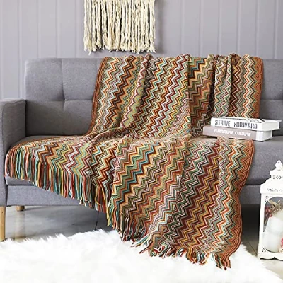 Imagen de LumiSyne Manta De Punto con Flecos Pata Gallo Bohemio Cuadros Comoda Suave Cubresofa Cubrecama Decorativa para Sofá Cama 170x130cm