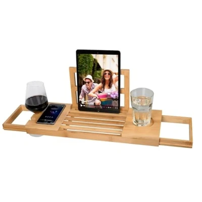 Imagen de alpina Bandeja Bañera Ajustable Estanterias Baño 50 92 x 18 4 cm Bambú con Soporte para Libros y Tableta Incl. Soportes Vasos Mueble